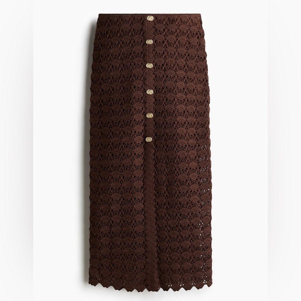 H&M Brown Crochet Midi Skirt with Gold Buttons